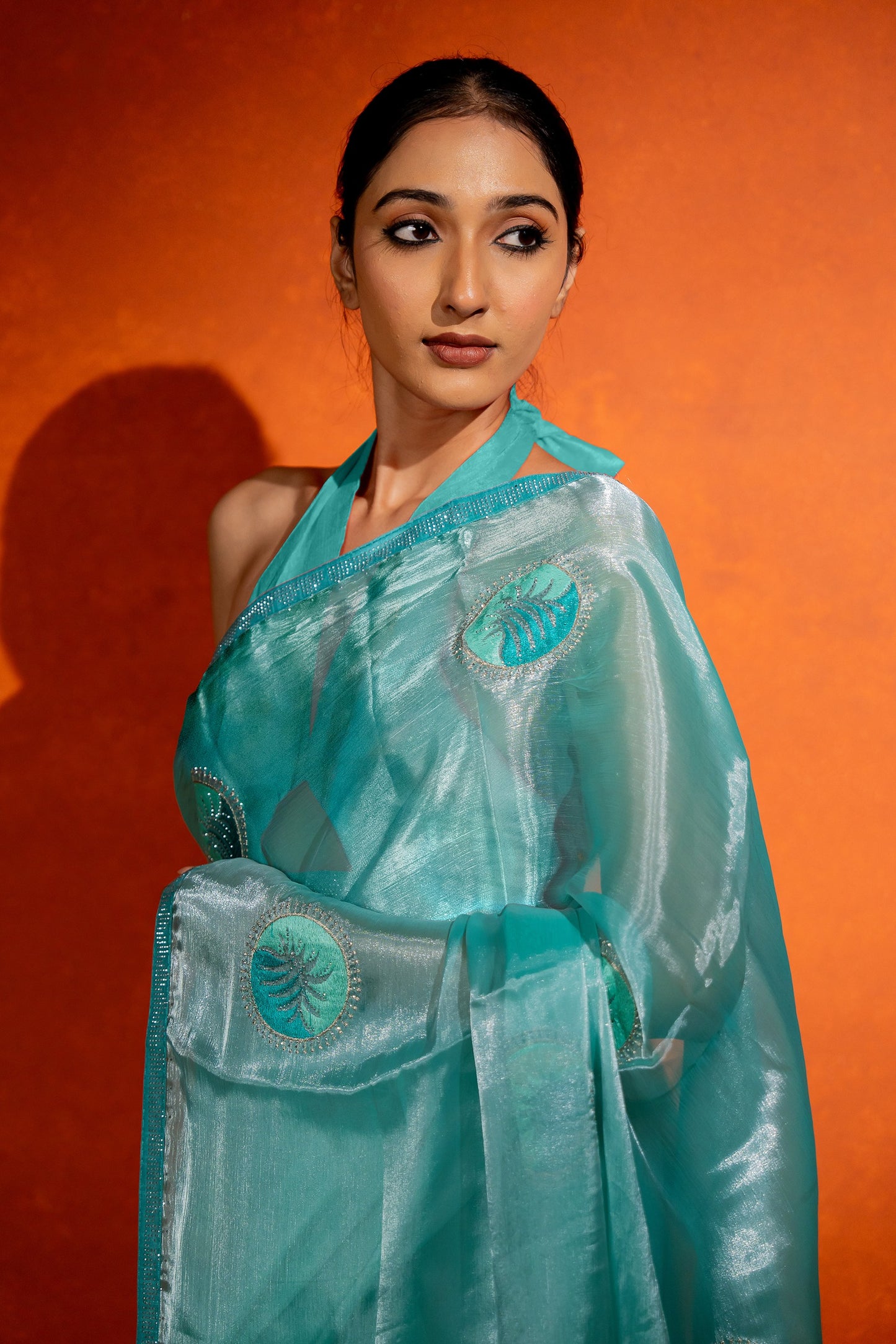 Organza Saree with Embroidered Patch and Stone Work