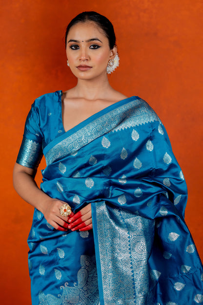 Silver Zari Woven Silk Blend Saree