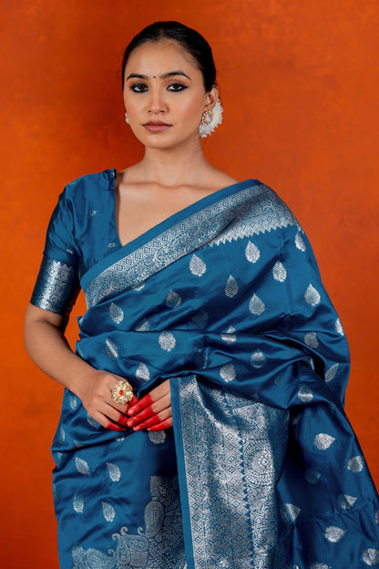 Silver Zari Woven Silk Blend Saree