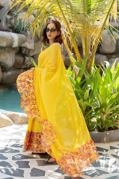Contemporary Frill Ruffle Floral Printed Georgette Ready-to-wear Saree
