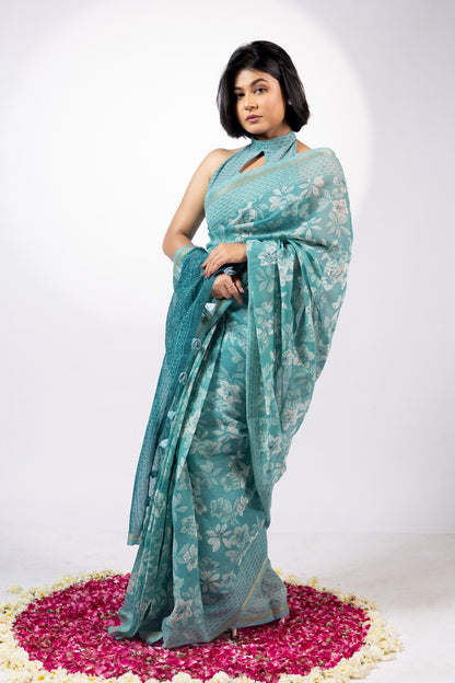 Beautiful Floral Printed Cotton Blend Saree