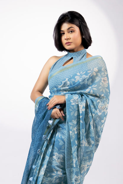 Beautiful Floral Printed Cotton Blend Saree
