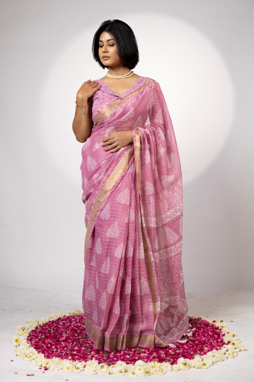 Trendy Block Printed Cotton Blend Saree