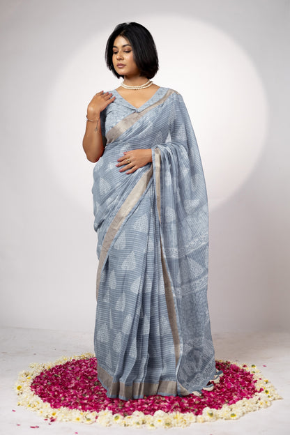 Trendy Block Printed Cotton Blend Saree