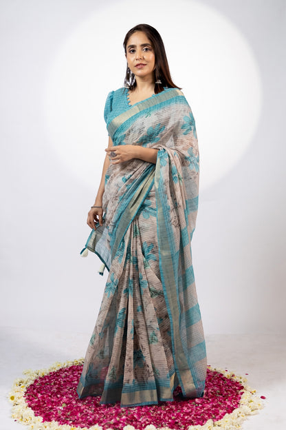 Tropical Floral Printed Cotton Blend Saree