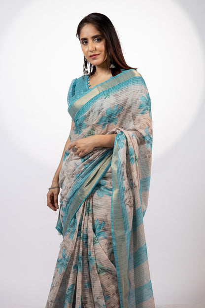 Tropical Floral Printed Cotton Blend Saree