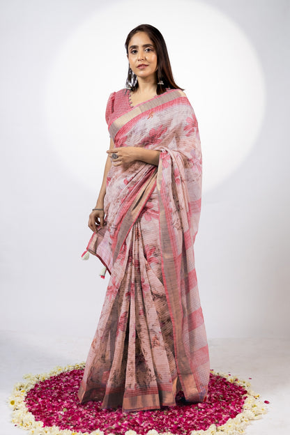 Tropical Floral Printed Cotton Blend Saree