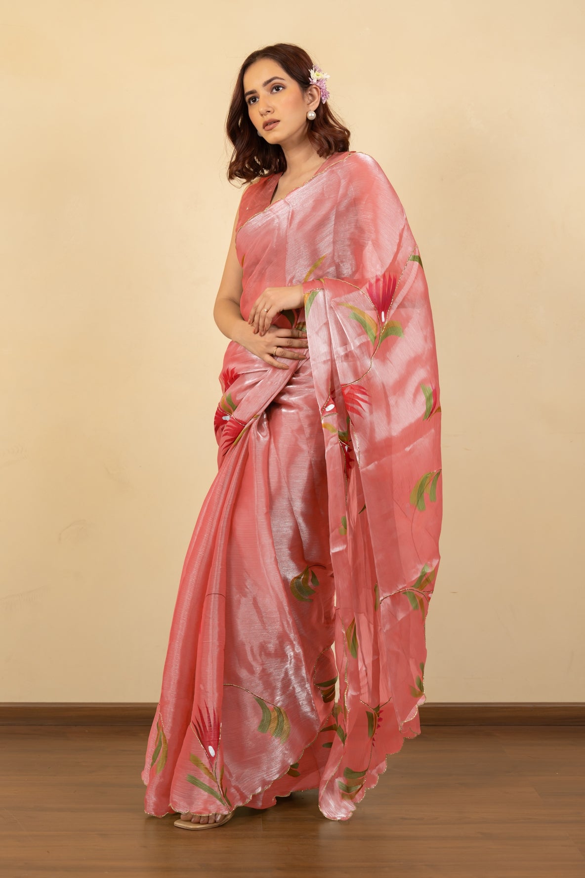 Trendy Floral Print Organza Saree with Unstitched Blouse