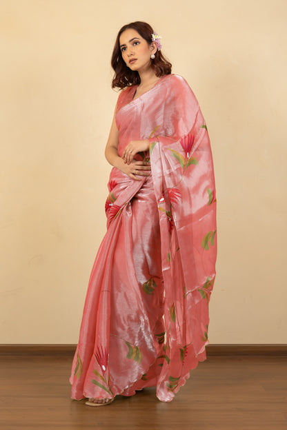 Trendy Floral Print Organza Saree with Unstitched Blouse