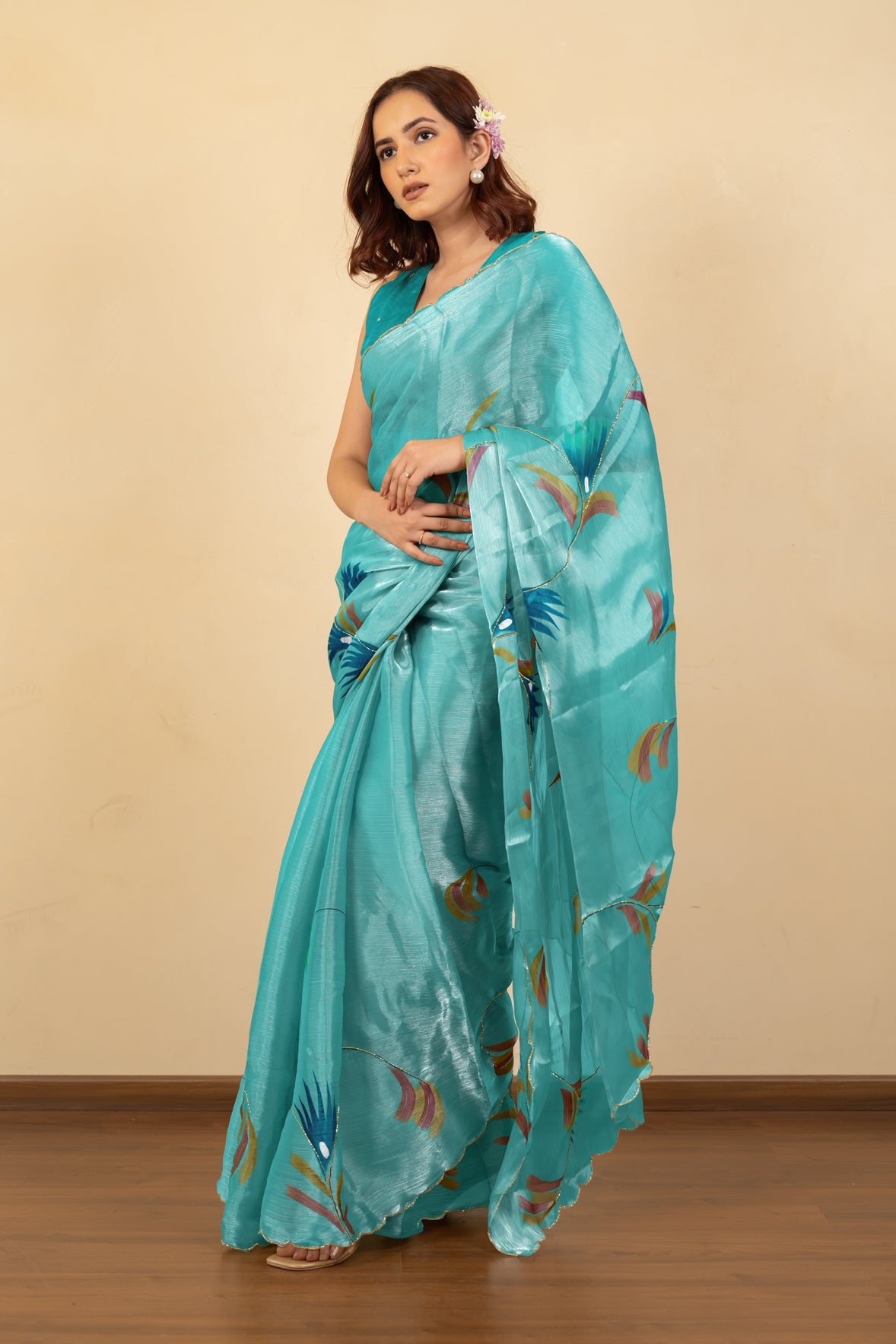 Trendy Floral Print Organza Saree with Unstitched Blouse