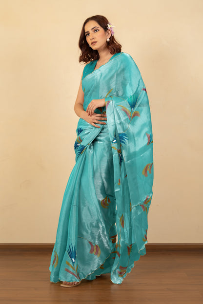 Trendy Floral Print Organza Saree with Unstitched Blouse