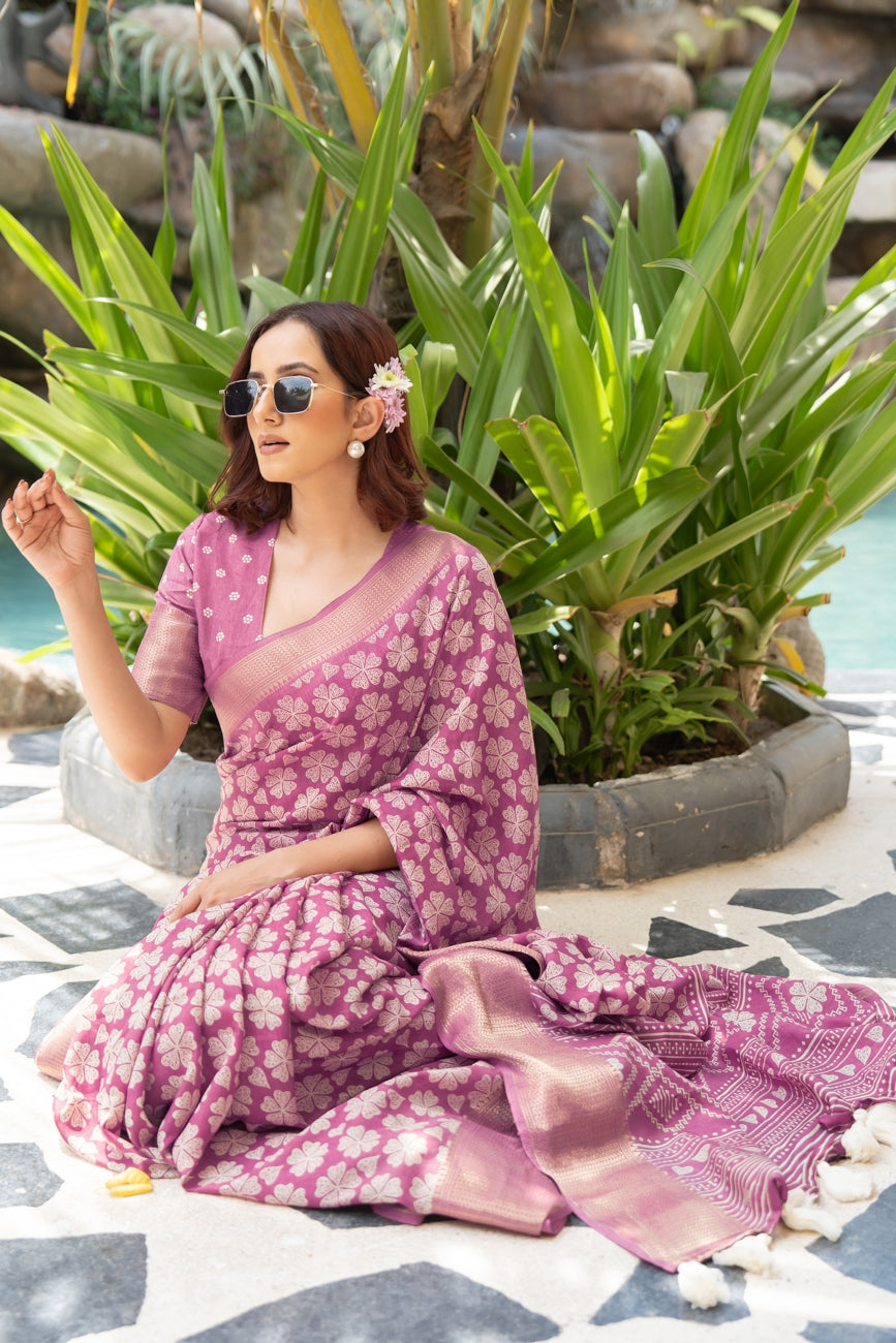 Trendy Cotton Silk Floral Print Saree With Unstitched Blouse