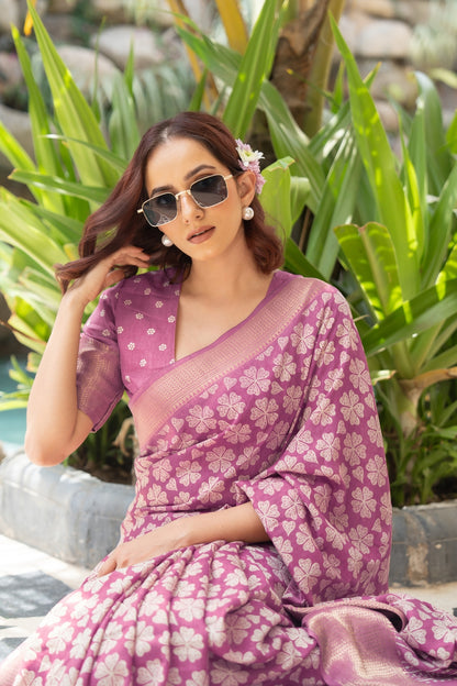 Trendy Cotton Silk Floral Print Saree With Unstitched Blouse