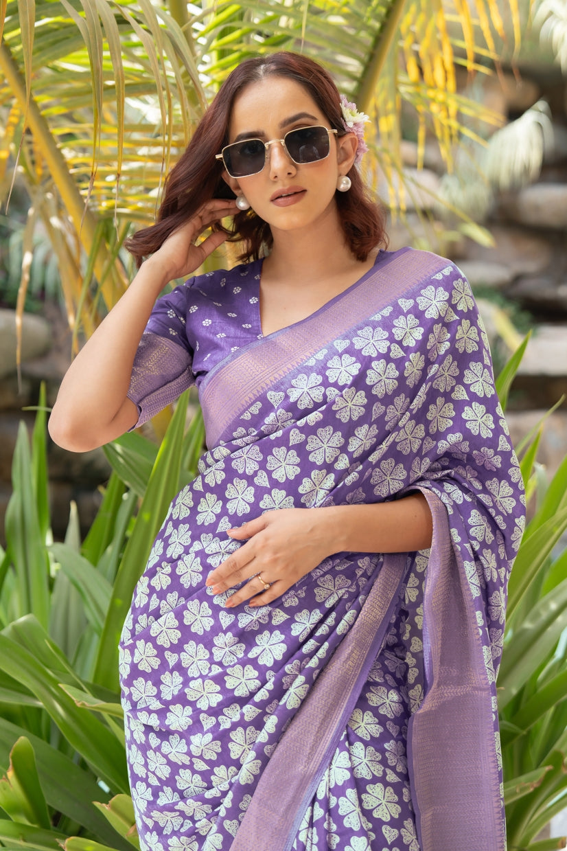 Trendy Cotton Silk Floral Print Saree With Unstitched Blouse