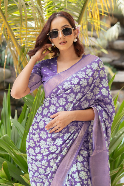 Trendy Cotton Silk Floral Print Saree With Unstitched Blouse