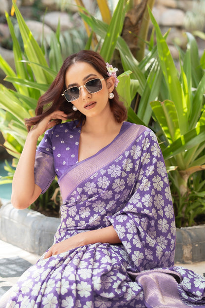 Trendy Cotton Silk Floral Print Saree With Unstitched Blouse