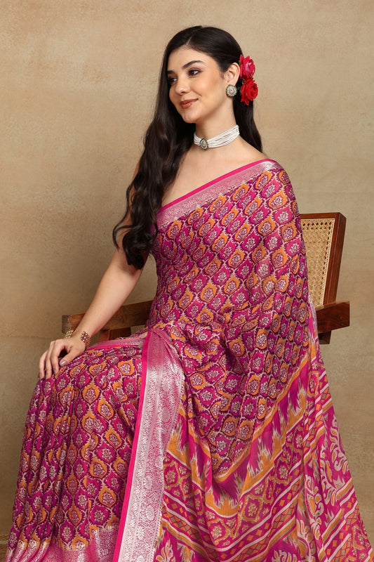 Elegant Ajrakh Printed Georgette Saree With Unstitched Blouse Piece