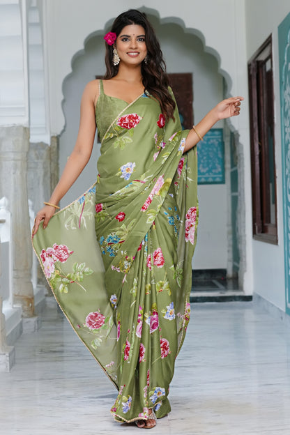 Beautiful Floral Printed Chiffon Saree