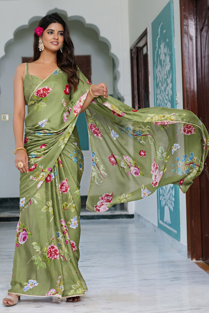 Beautiful Floral Printed Chiffon Saree