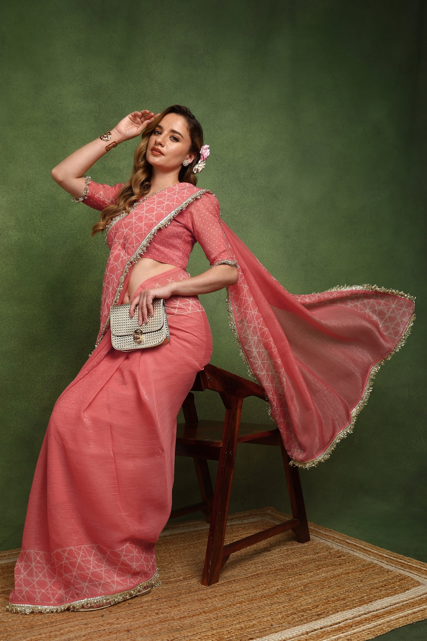 New Fancy Shimmer Checks Print Silk Blend Saree with Unstiched Blouse Piece