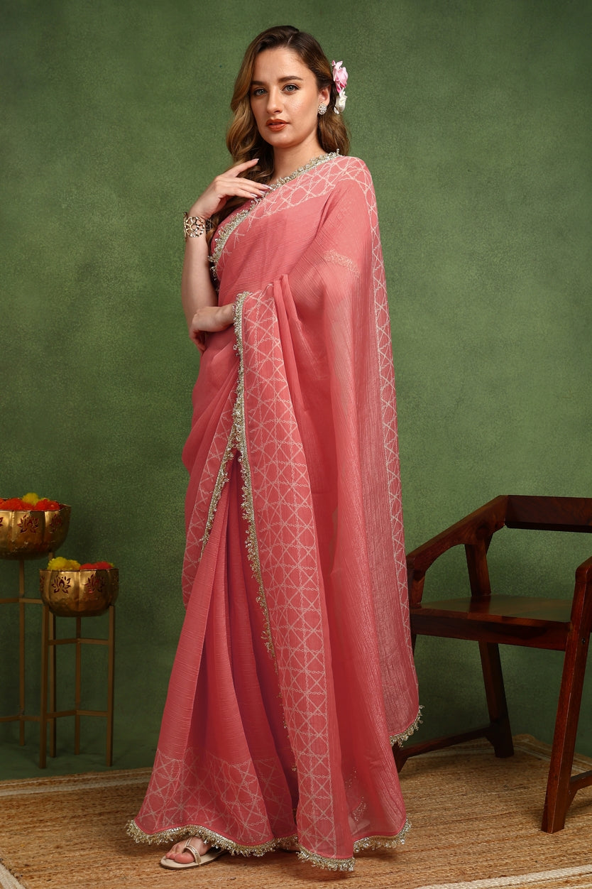 New Fancy Shimmer Checks Print Silk Blend Saree with Unstiched Blouse Piece