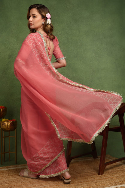 New Fancy Shimmer Checks Print Silk Blend Saree with Unstiched Blouse Piece