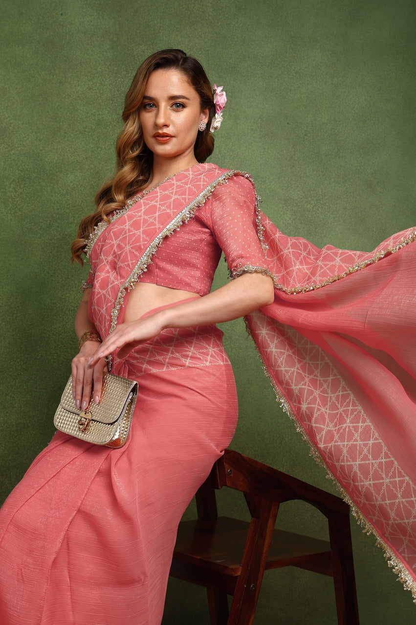 New Fancy Shimmer Checks Print Silk Blend Saree with Unstiched Blouse Piece