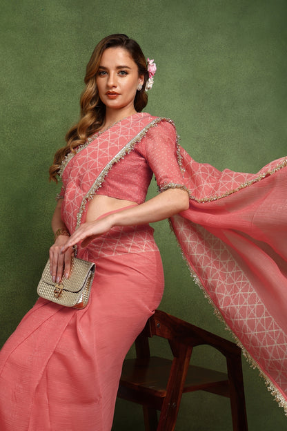 New Fancy Shimmer Checks Print Silk Blend Saree with Unstiched Blouse Piece