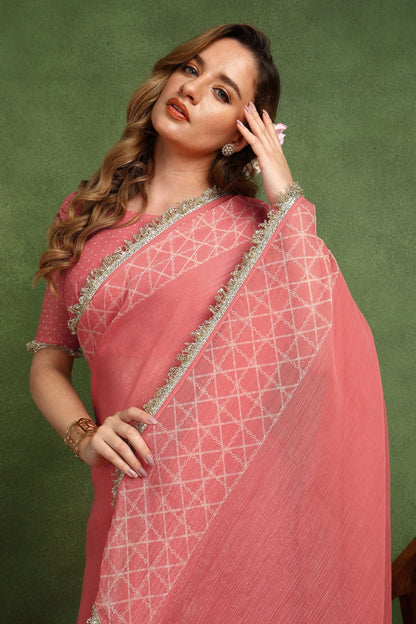 New Fancy Shimmer Checks Print Silk Blend Saree with Unstiched Blouse Piece