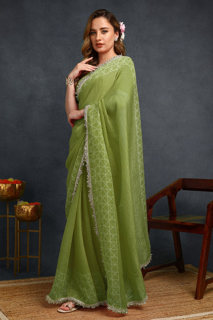 New Fancy Shimmer Checks Print Silk Blend Saree with Unstiched Blouse Piece