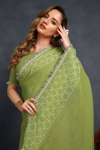 New Fancy Shimmer Checks Print Silk Blend Saree with Unstiched Blouse Piece