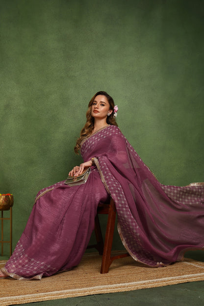 New Fancy Shimmer Checks Print Silk Blend Saree with Unstiched Blouse Piece