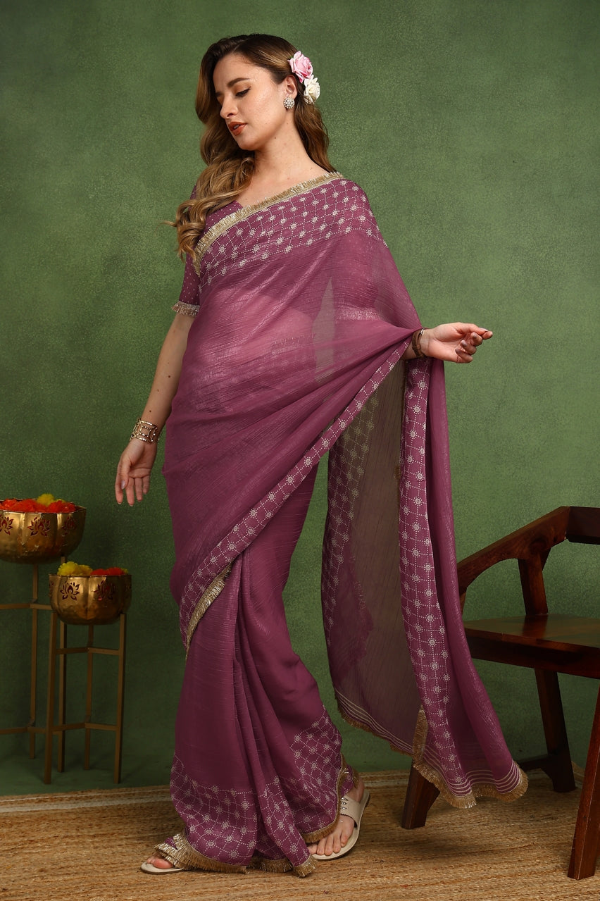 New Fancy Shimmer Checks Print Silk Blend Saree with Unstiched Blouse Piece
