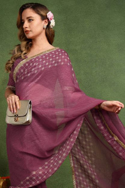 New Fancy Shimmer Checks Print Silk Blend Saree with Unstiched Blouse Piece