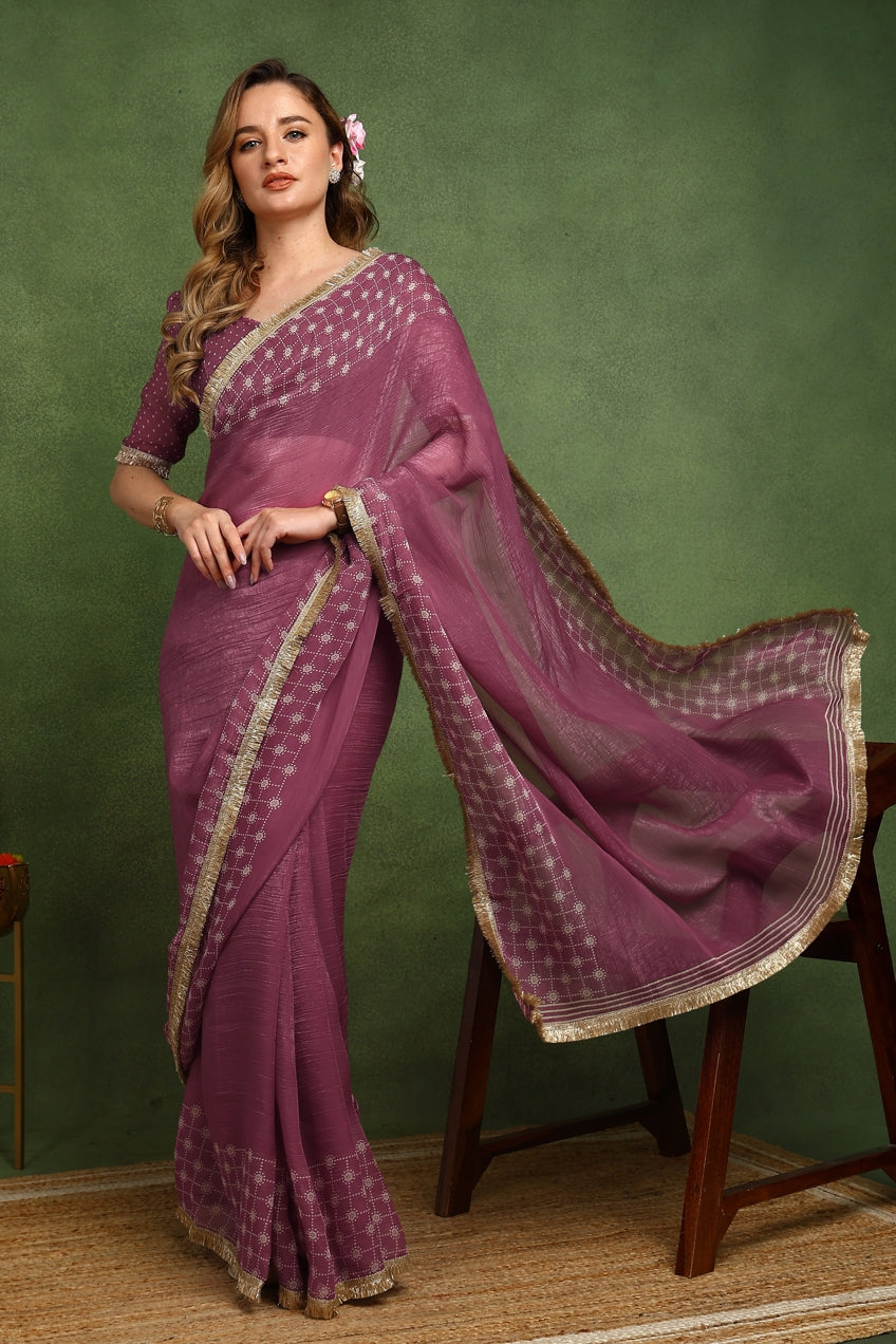 New Fancy Shimmer Checks Print Silk Blend Saree with Unstiched Blouse Piece