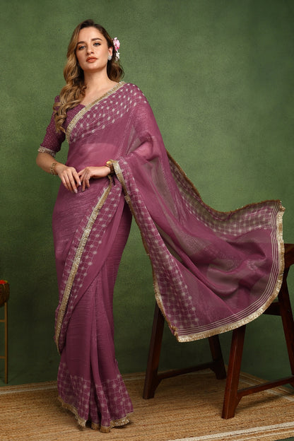 New Fancy Shimmer Checks Print Silk Blend Saree with Unstiched Blouse Piece