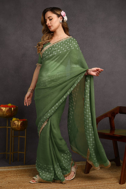 New Fancy Shimmer Checks Print Silk Blend Saree with Unstiched Blouse Piece