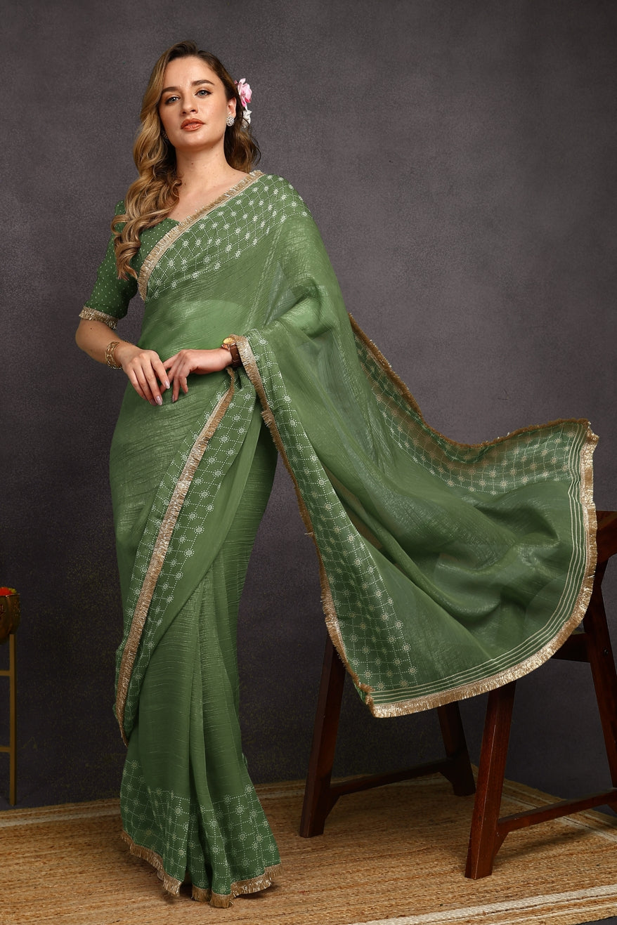 New Fancy Shimmer Checks Print Silk Blend Saree with Unstiched Blouse Piece