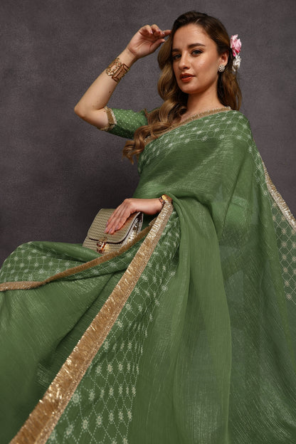 New Fancy Shimmer Checks Print Silk Blend Saree with Unstiched Blouse Piece