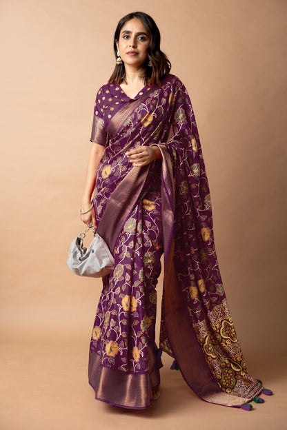 Elegant Cotton Silk Floral Print Saree With Unstitched Blouse
