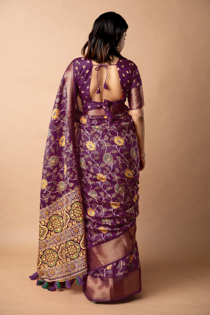 Elegant Cotton Silk Floral Print Saree With Unstitched Blouse