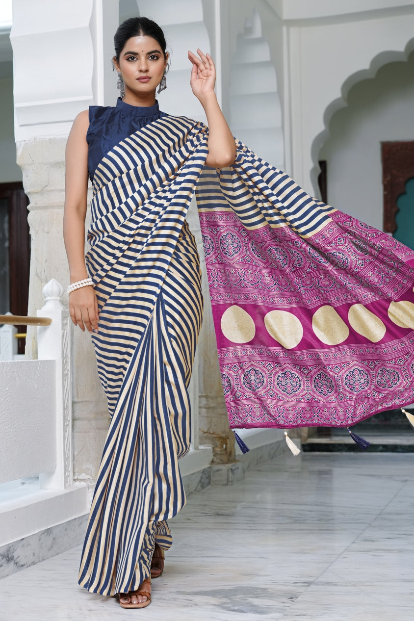 Beautifully  Stripes Printed Cotton Silk Saree With Unstitched Blouse Piece