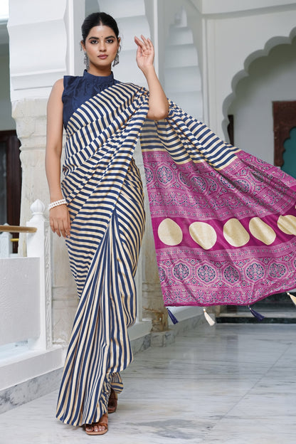 Beautifully  Stripes Printed Cotton Silk Saree With Unstitched Blouse Piece