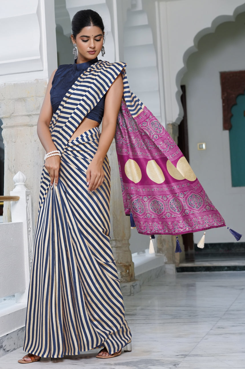 Beautifully  Stripes Printed Cotton Silk Saree With Unstitched Blouse Piece