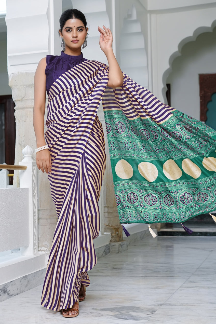 Beautifully  Stripes Printed Cotton Silk Saree With Unstitched Blouse Piece
