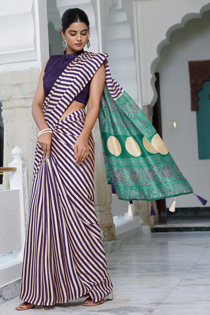 Beautifully  Stripes Printed Cotton Silk Saree With Unstitched Blouse Piece