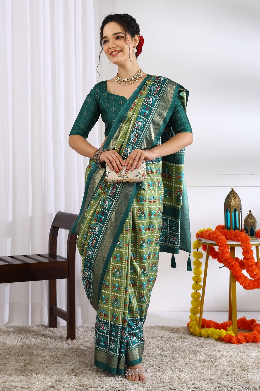 Beautiful Patola Foil Print Cotton Silk Saree with Unstiched Blouse Piece