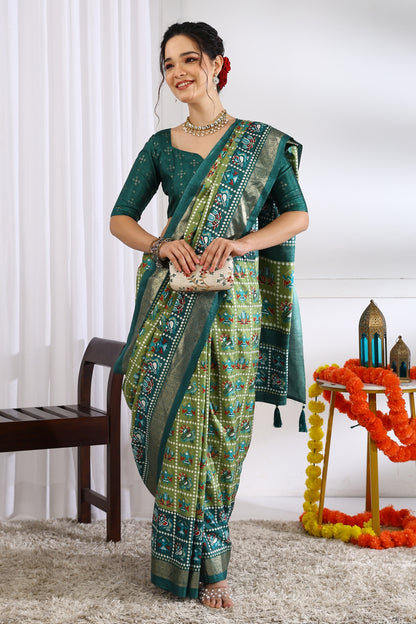Beautiful Patola Foil Print Cotton Silk Saree with Unstiched Blouse Piece