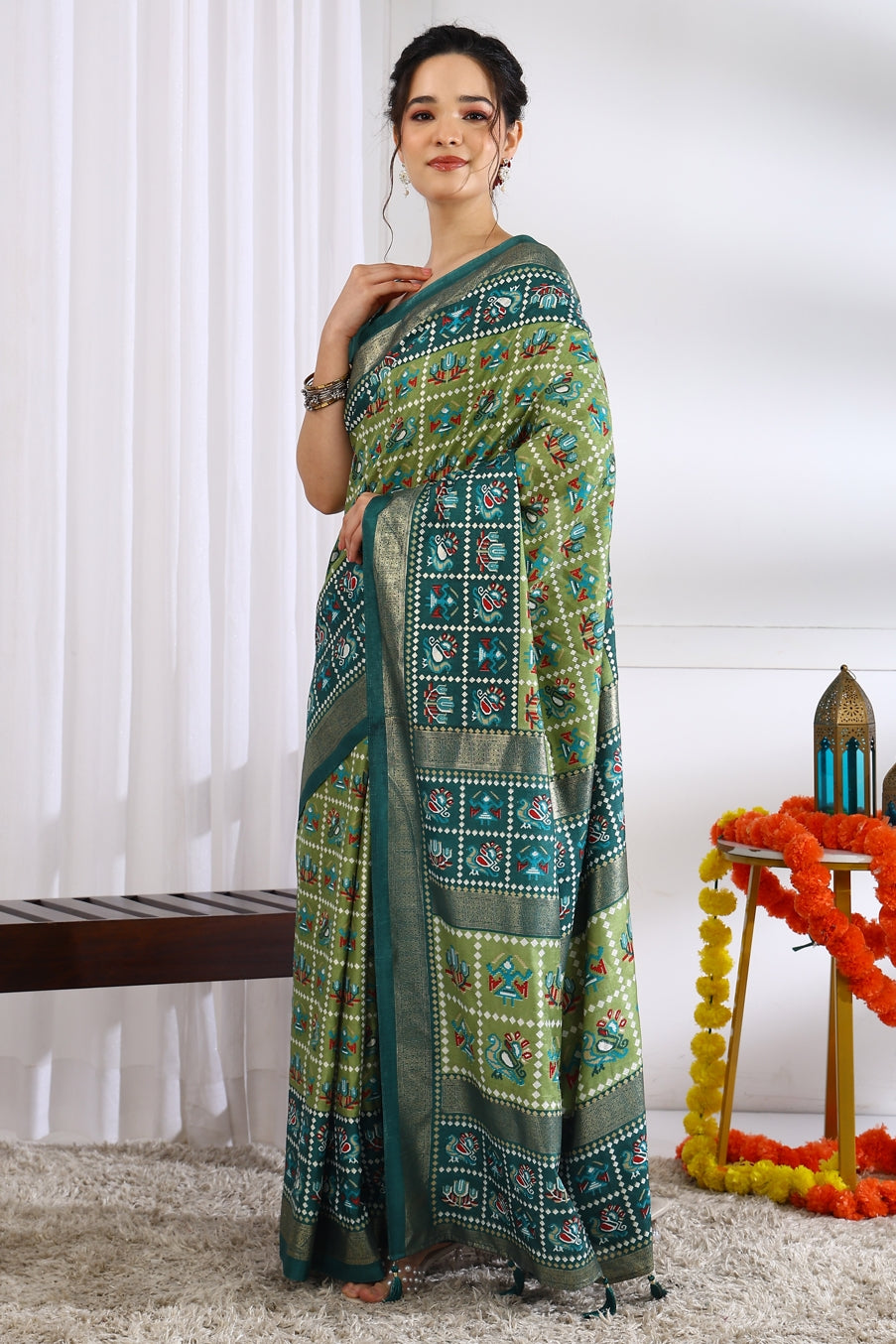 Beautiful Patola Foil Print Cotton Silk Saree with Unstiched Blouse Piece