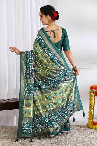 Beautiful Patola Foil Print Cotton Silk Saree with Unstiched Blouse Piece